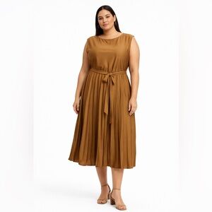 H&M Pleated Midi Dress Tie Waist Sleeveless Bronze Gold